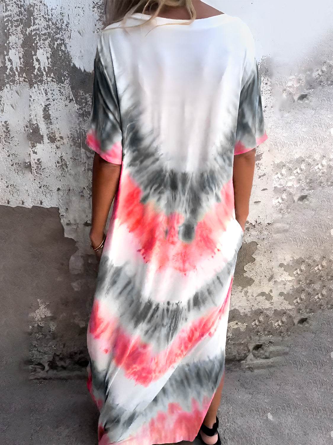 Full Size Pocketed Tie-Dye Short Sleeve Dress - Amexza