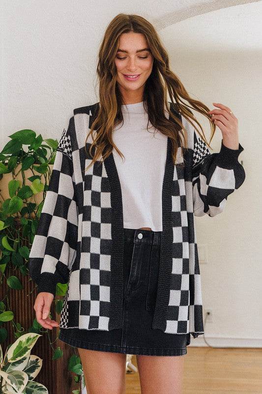 Annie Wear Checkered Open Front Drop Shoulder Cardigan Black for a perfect OOTD – dress to impress outfits from Amexza