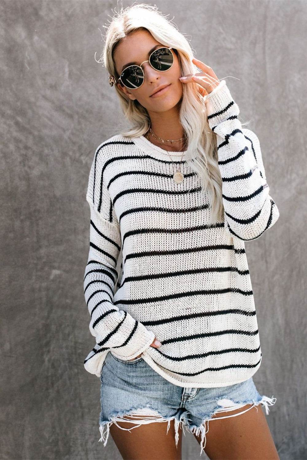 Striped Round Neck Drop Shoulder Sweater - Amexza