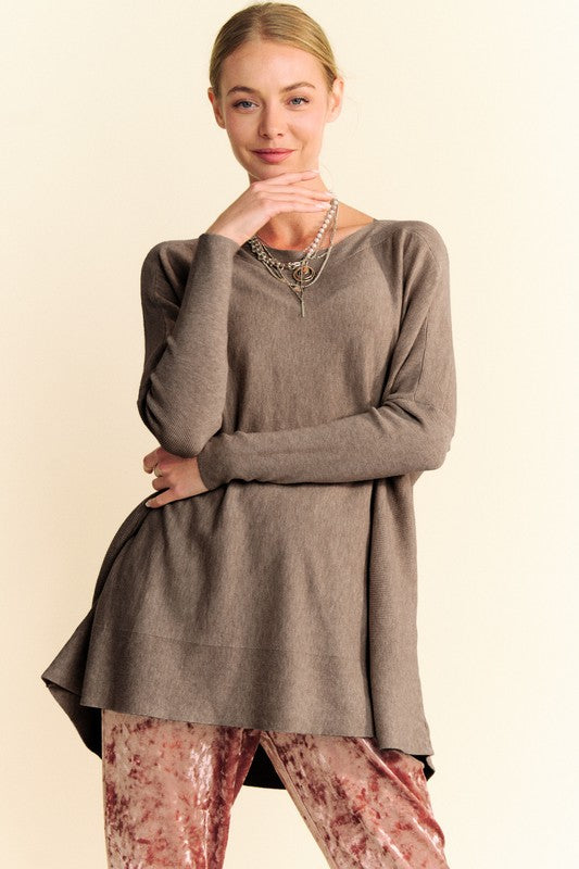 Davi & Dani Round Neck Dropped Shoulder Long Sleeve Knit Top Coffee Brown for a perfect OOTD – dress to impress outfits from Amexza