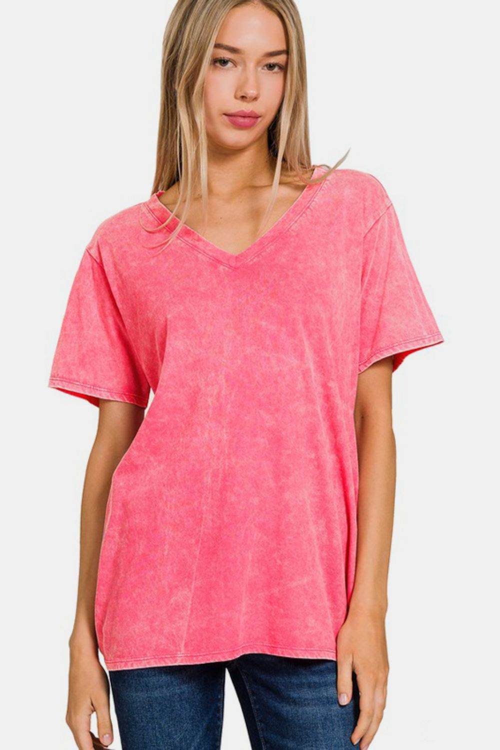 Zenana Full Size Washed Short Sleeve V-Neck T-Shirt for a perfect OOTD – dress to impress outfits from Amexza