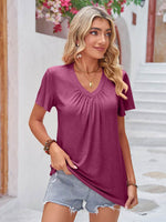 Double Take Ruched V-Neck Short Sleeve T-Shirt - Amexza