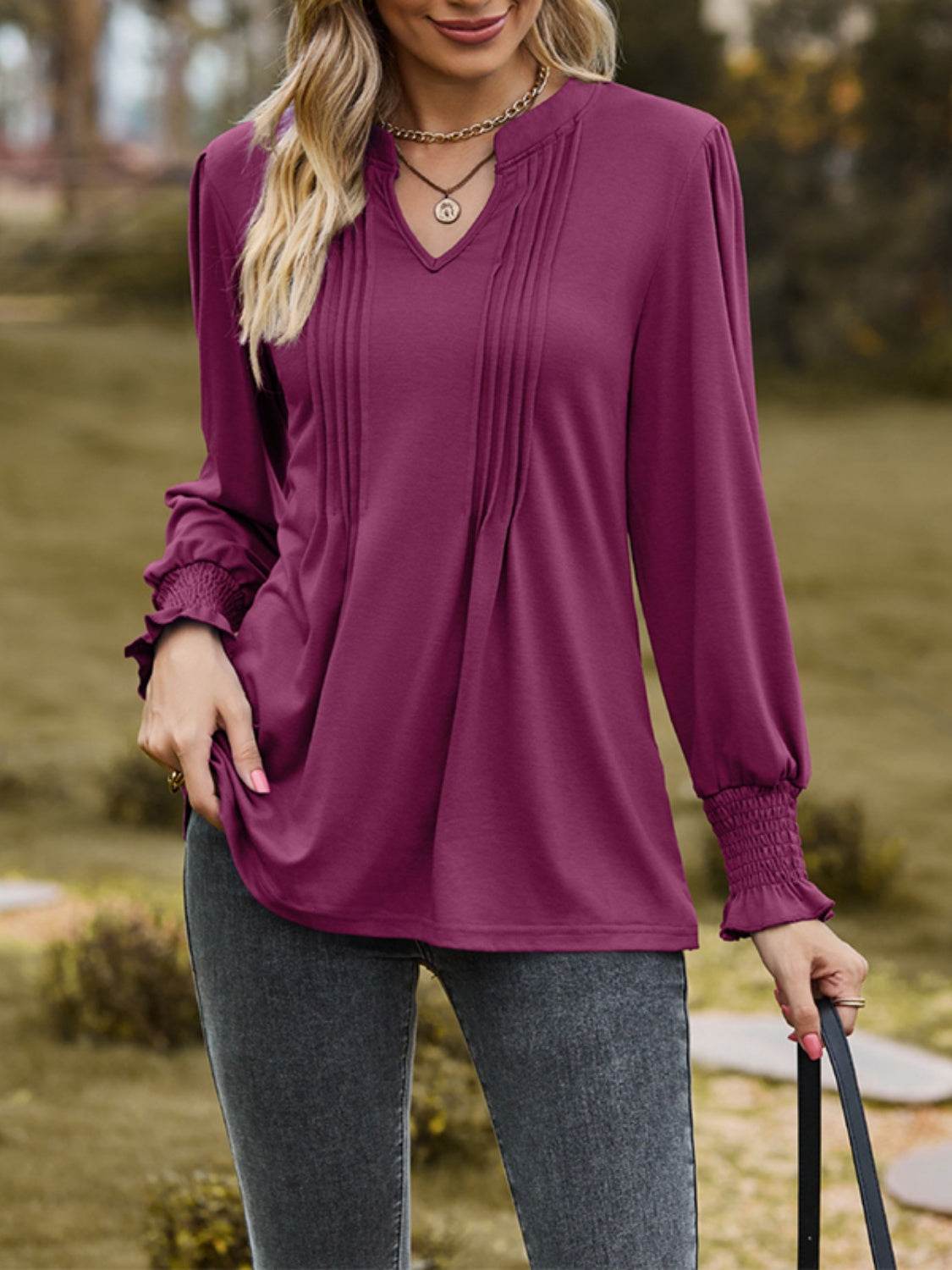 Ruched Notched Long Sleeve T-Shirt for a perfect OOTD – dress to impress outfits from Amexza