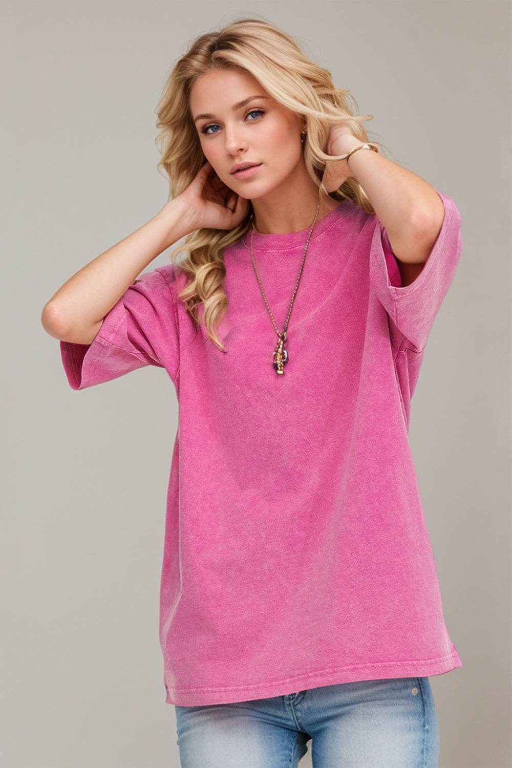 Basic Bae Round Neck Half Sleeve T-Shirt Fuchsia Pink for a perfect OOTD – dress to impress outfits from Amexza