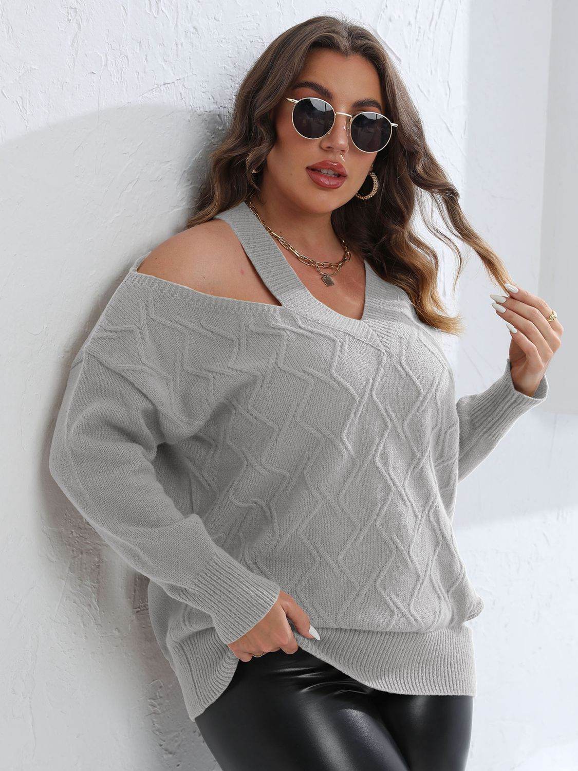 Plus Size Cutout V-Neck Sweater for a perfect OOTD – dress to impress outfits from Amexza