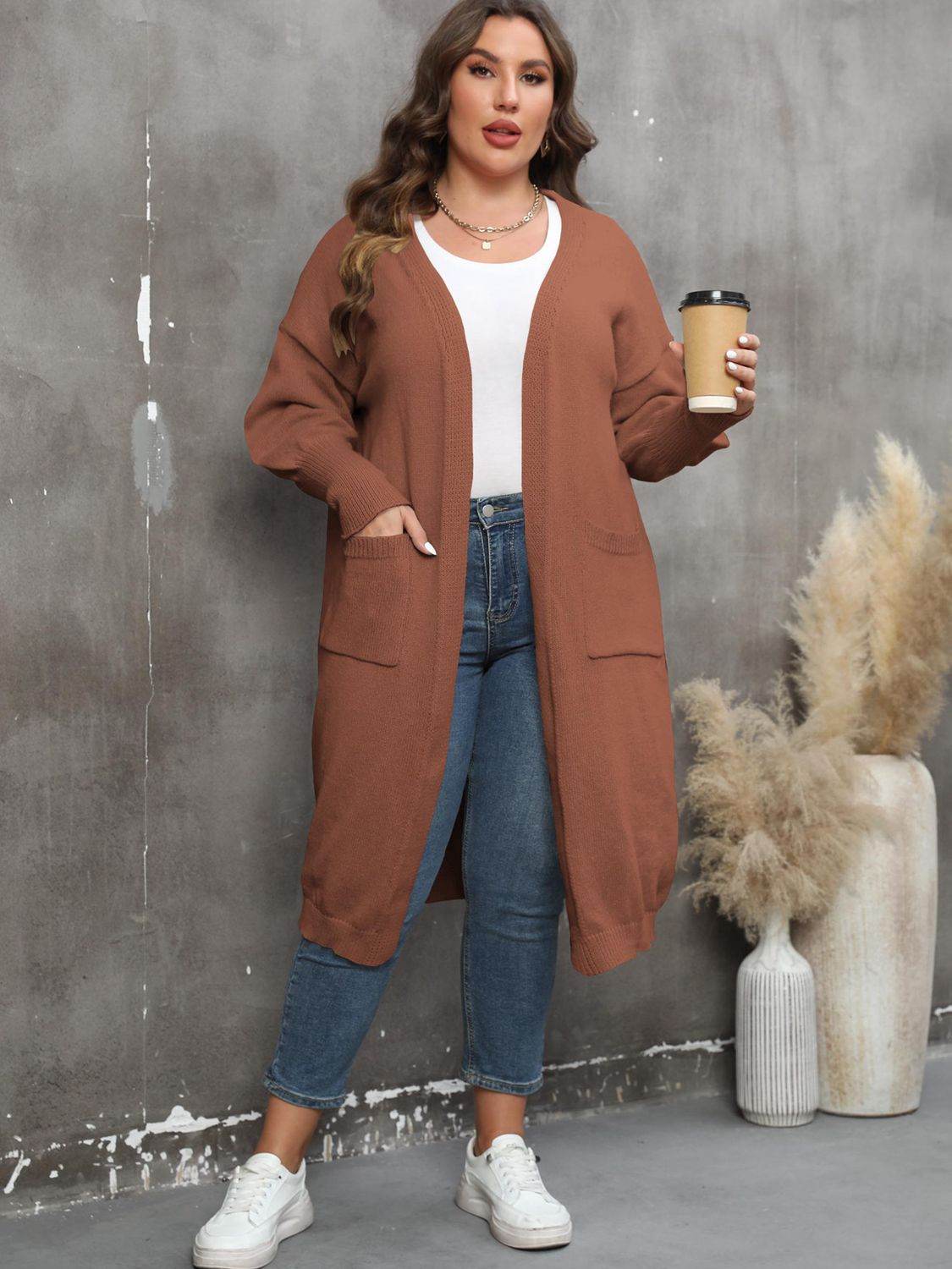 Plus Size Long Sleeve Pocketed Cardigan for a perfect OOTD – dress to impress outfits from Amexza