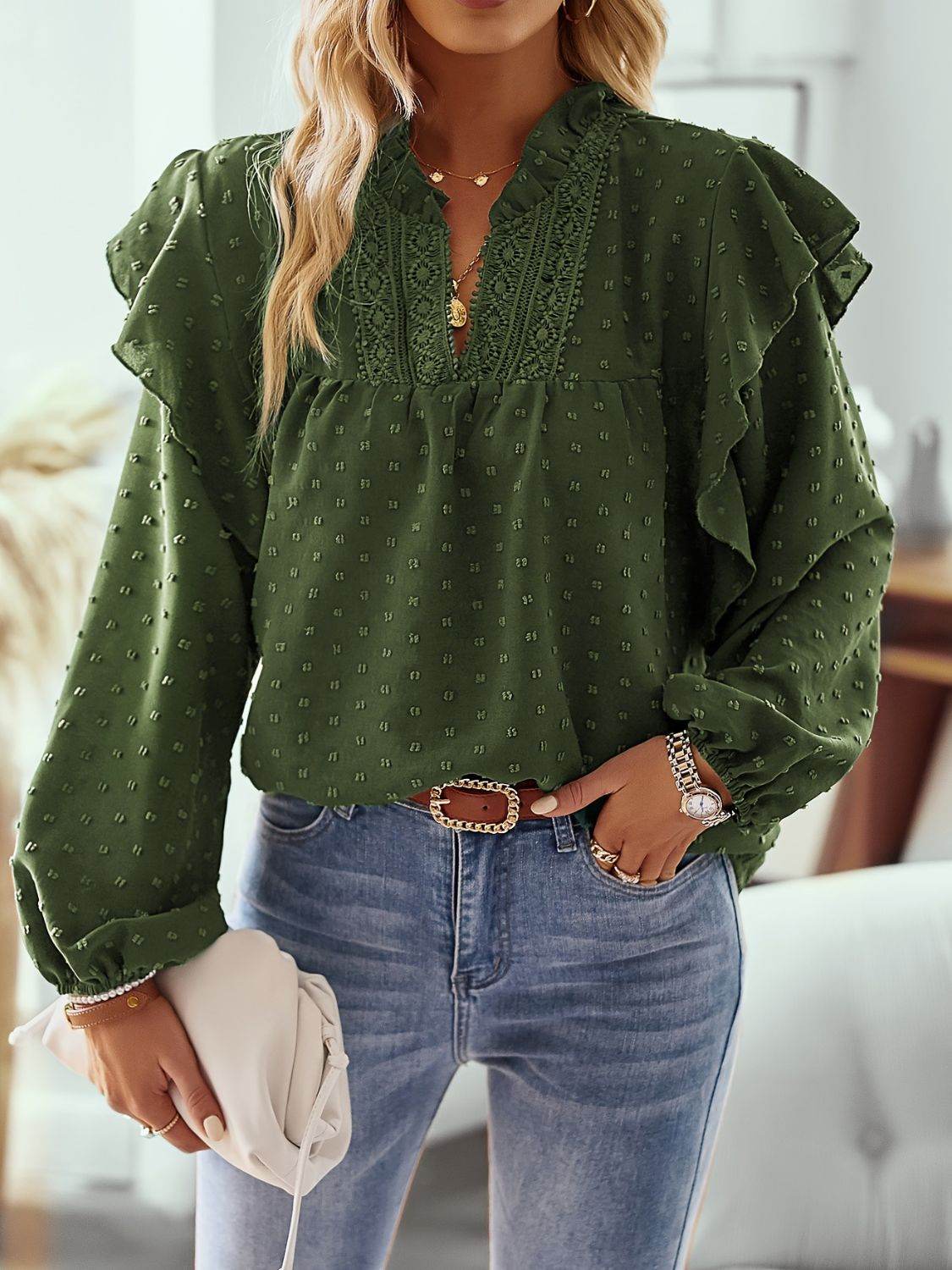 Ruffled Swiss Dot Notched Long Sleeve Blouse Dark Green for a perfect OOTD – dress to impress outfits from Amexza