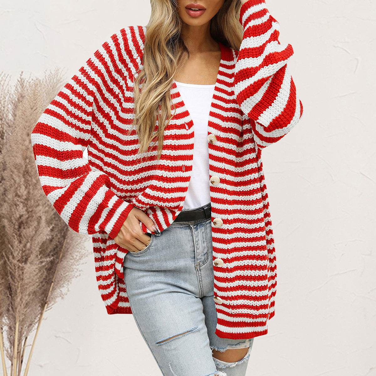 Striped Button Down Long Sleeve Cardigan - Amexza