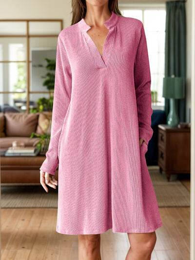 Notched Long Sleeve Mini Dress with Pockets Dusty Pink for a perfect OOTD – dress to impress outfits from Amexza