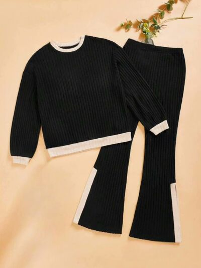 Contrast Round Neck Long Sleeve Top and Bootcut Pants Set Black for a perfect OOTD – dress to impress outfits from Amexza