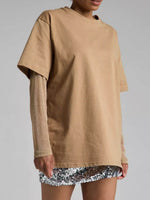 Faux Layered Round Neck Mesh Sleeve Top - Amexza