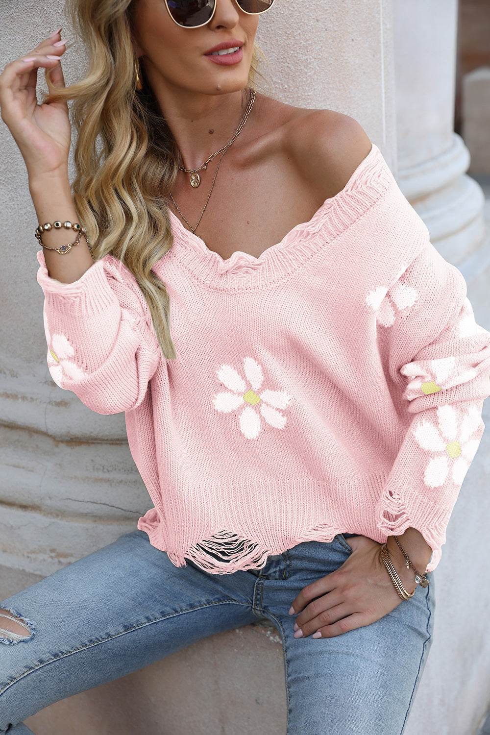 Flower Distressed Long Sleeve Sweater - Amexza