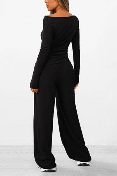 Round Neck Long Sleeve Top and Pants Set - Amexza