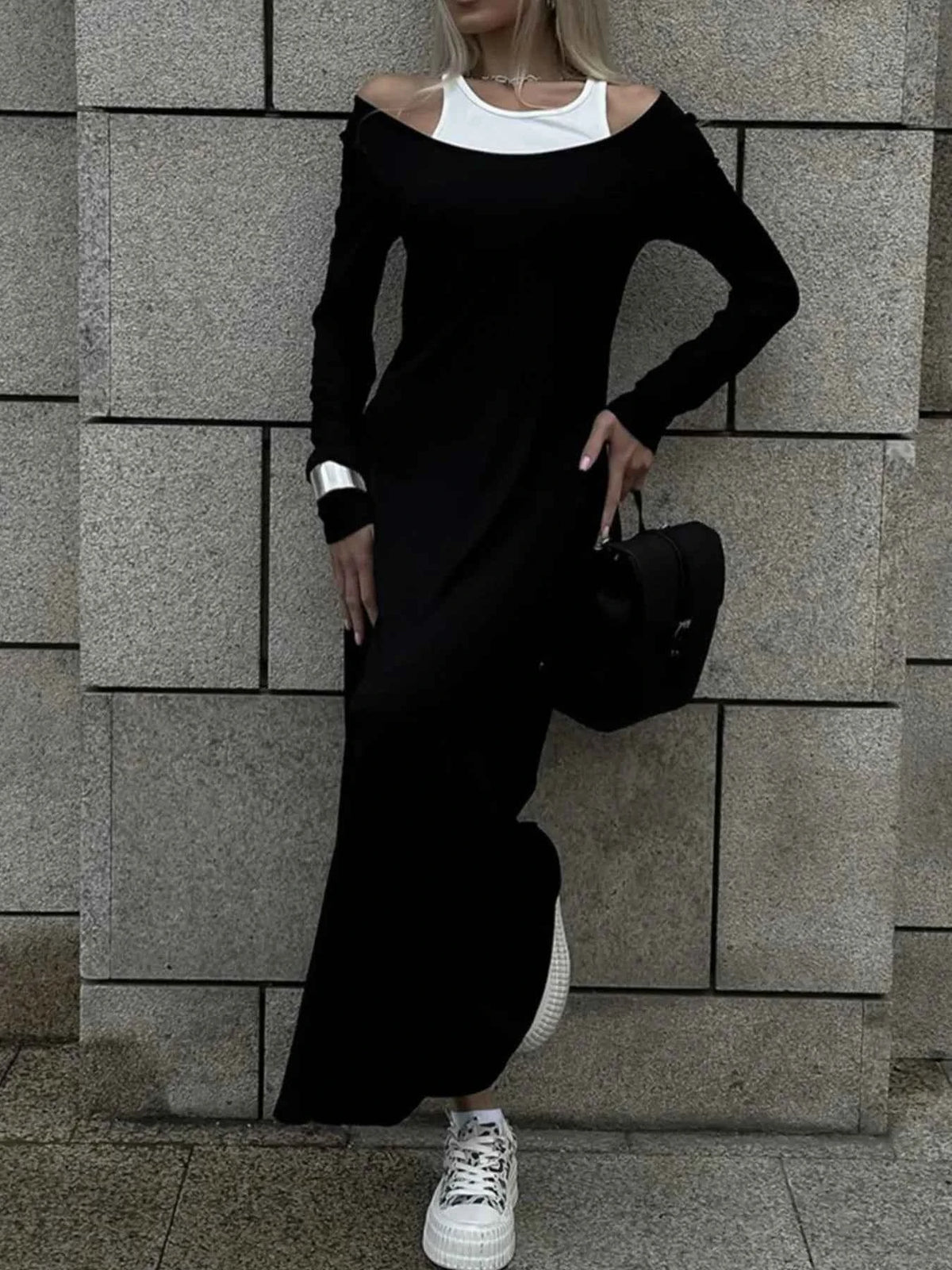 Contrast Long Sleeve Maxi Dress