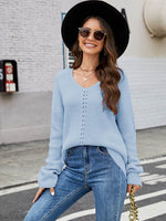 Openwork Dropped Shoulder Long Sleeve Sweater Sky Blue for a perfect OOTD – dress to impress outfits from Amexza