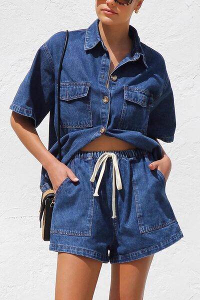 Collared Neck Button Up Top and Shorts Denim Set for a perfect OOTD – dress to impress outfits from Amexza