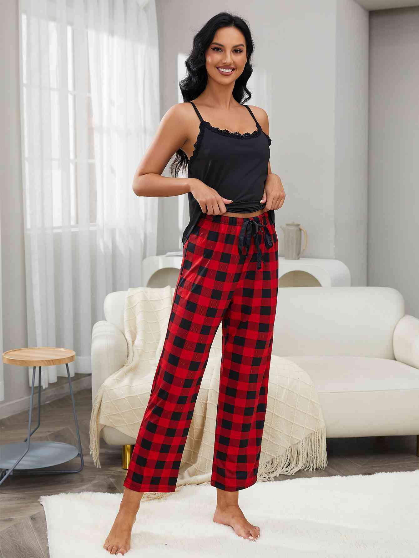 Lace Trim Cami and Plaid Pants Lounge Set for a perfect OOTD – dress to impress outfits from Amexza