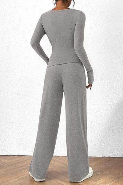 Round Neck Long Sleeve Top and Pants Set - Amexza