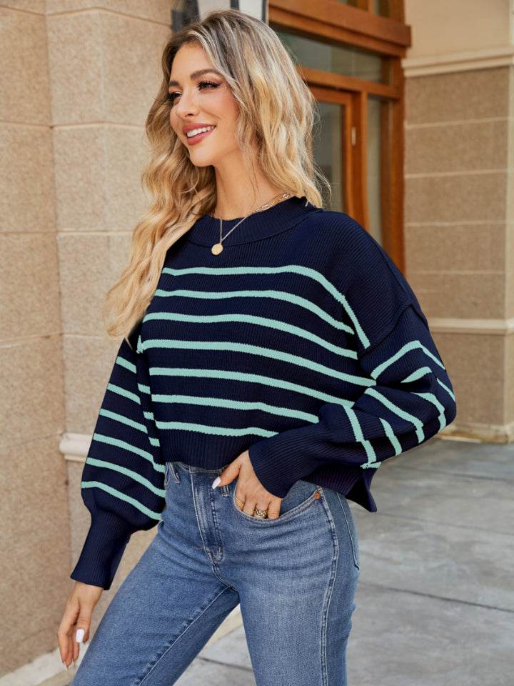 Round Neck Striped Lantern Sleeve Sweater for a perfect OOTD – dress to impress outfits from Amexza