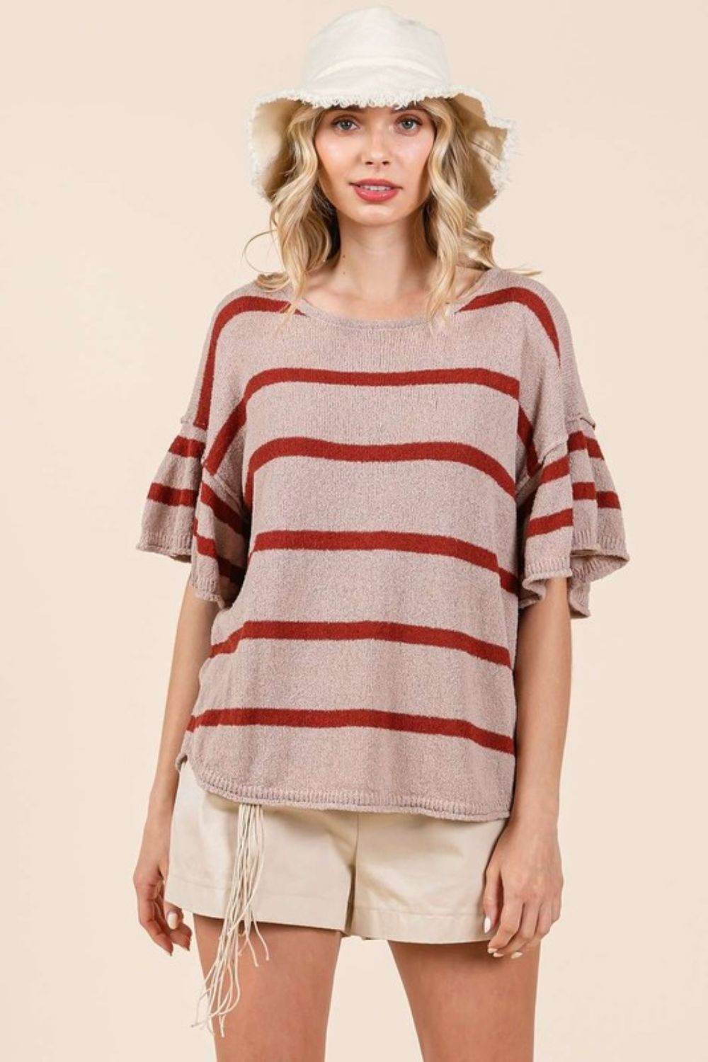 Mittoshop Striped Flounce Sleeve Knit Top for a perfect OOTD – dress to impress outfits from Amexza