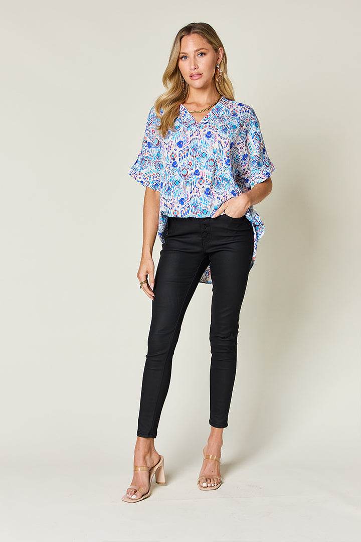 Double Take Full Size Printed V-Neck Short Sleeve Blouse for a perfect OOTD – dress to impress outfits from Amexza