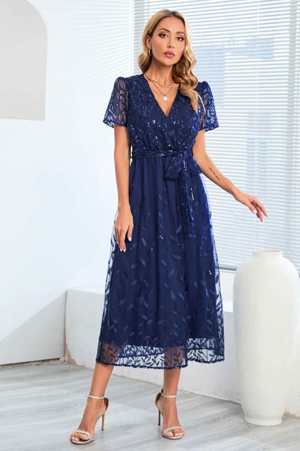 Sequin Leaf Embroidery Tie Front Short Sleeve Dress for a perfect OOTD – dress to impress outfits from Amexza