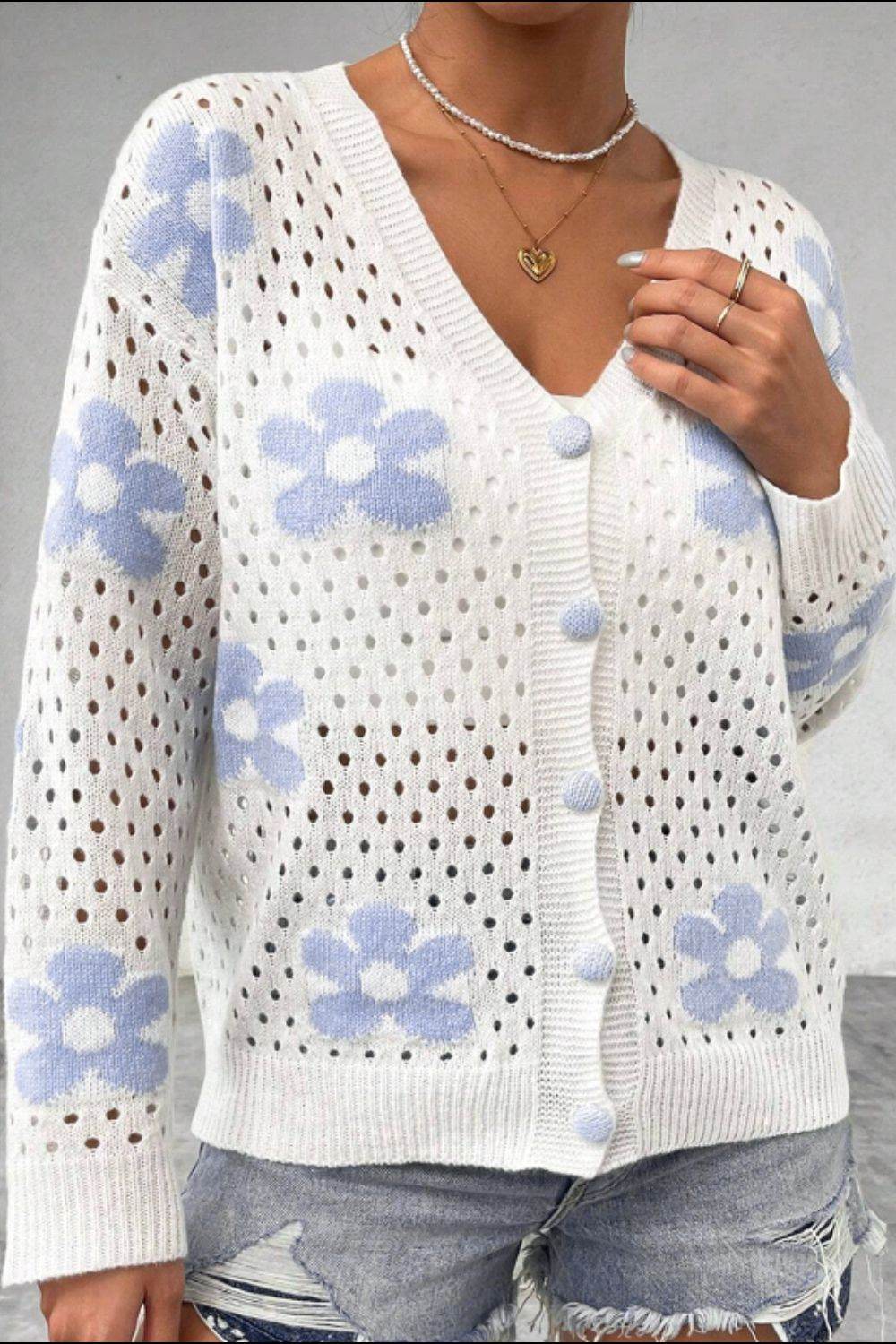 Flower Hollowed Out Button Down Long Sleeve Cardigan - Amexza