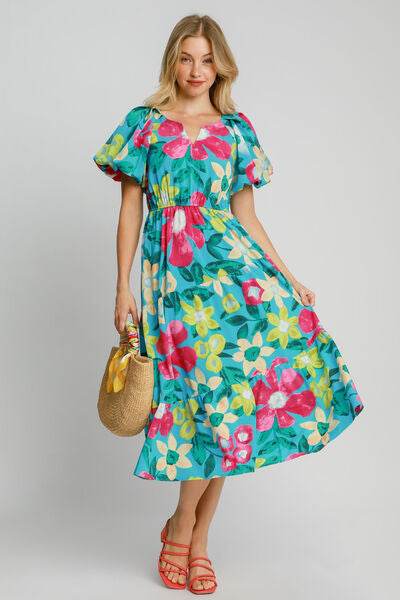 Umgee Full Size Tiered Floral Print Notched Puff Sleeve Midi Dress Plus Size AZUREMIX for a perfect OOTD – dress to impress outfits from Amexza