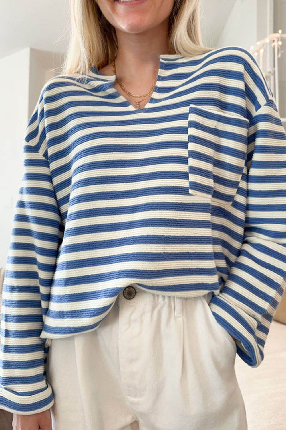 Stripe Chest Pocket Notched Top Peacock Blue for a perfect OOTD – dress to impress outfits from Amexza