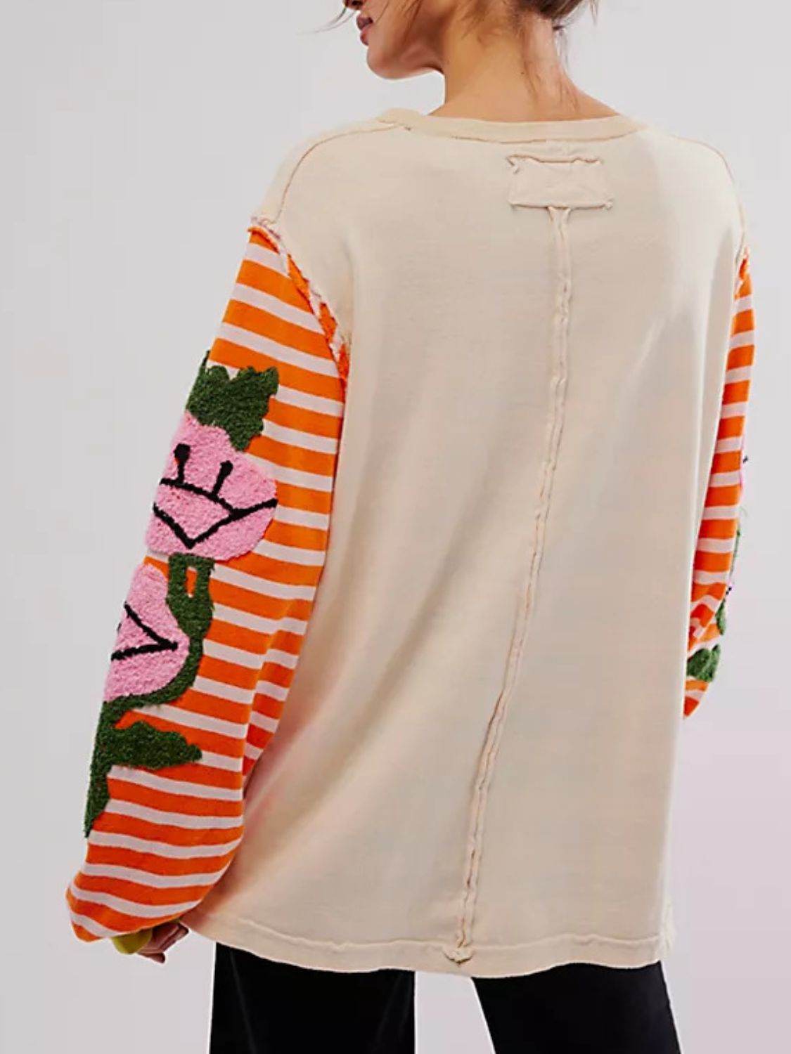 Striped Round Neck Long Sleeve Sweatshirt - Amexza