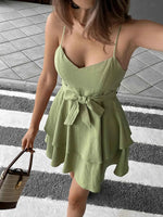Ruffle Layered Cami Mini Dress with Bow Belt