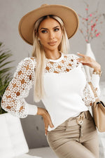 Hollowed Floral Lace Spliced Long Sleeve Blouse White for a perfect OOTD – dress to impress outfits from Amexza