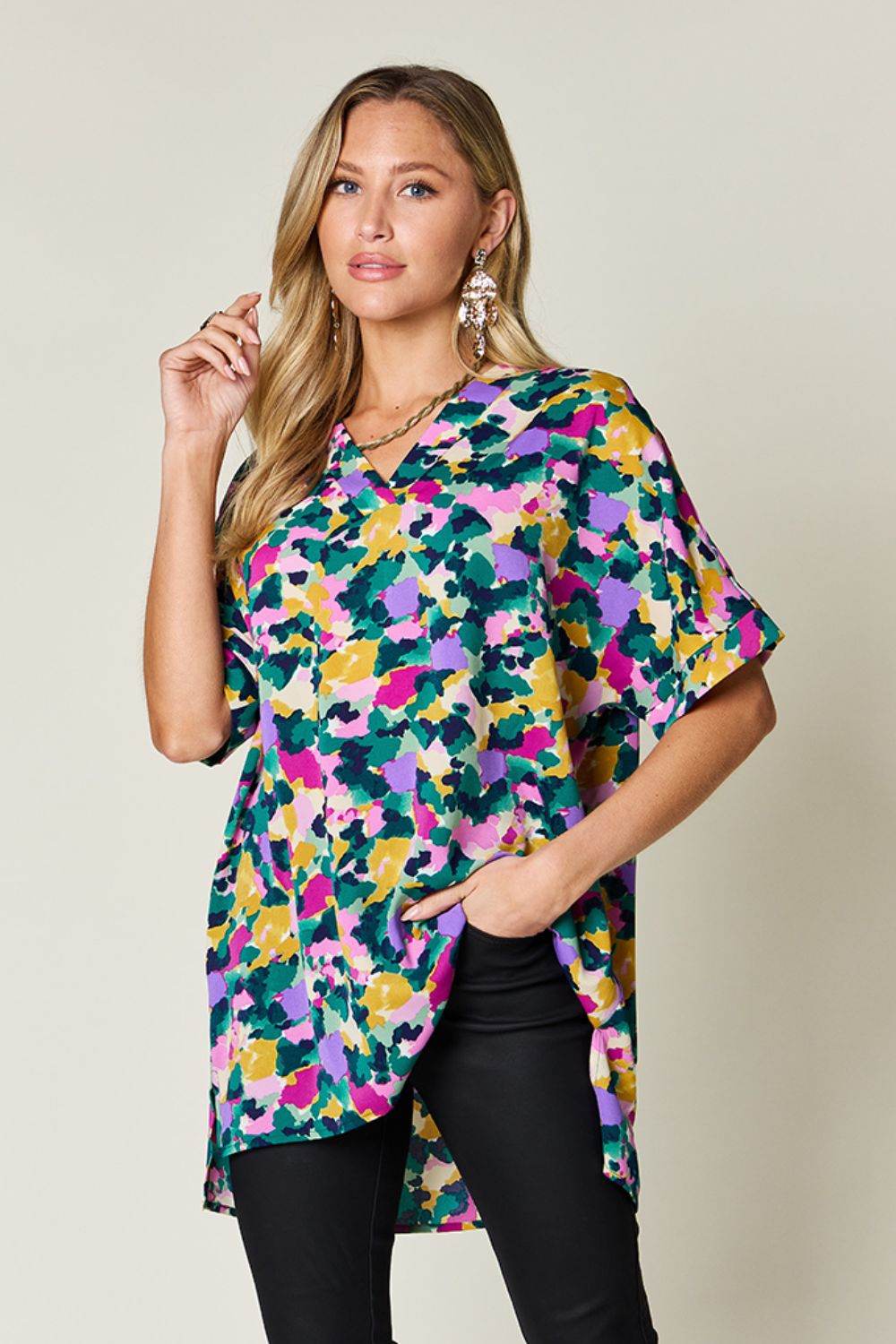 Double Take Full Size Printed V-Neck Short Sleeve Side Slit Top Green for a perfect OOTD – dress to impress outfits from Amexza