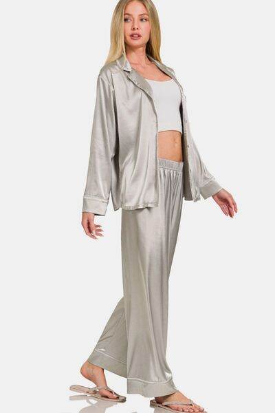 Zenana Satin Long Sleeve Shirt and Pants Pajama Set for a perfect OOTD – dress to impress outfits from Amexza