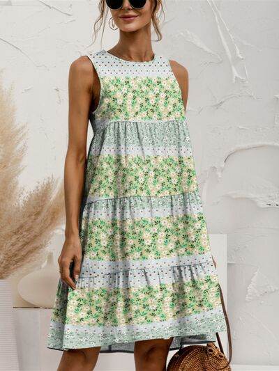 FAM-FAM Tiered Printed Round Neck Sleeveless Dress Light Green for a perfect OOTD – dress to impress outfits from Amexza