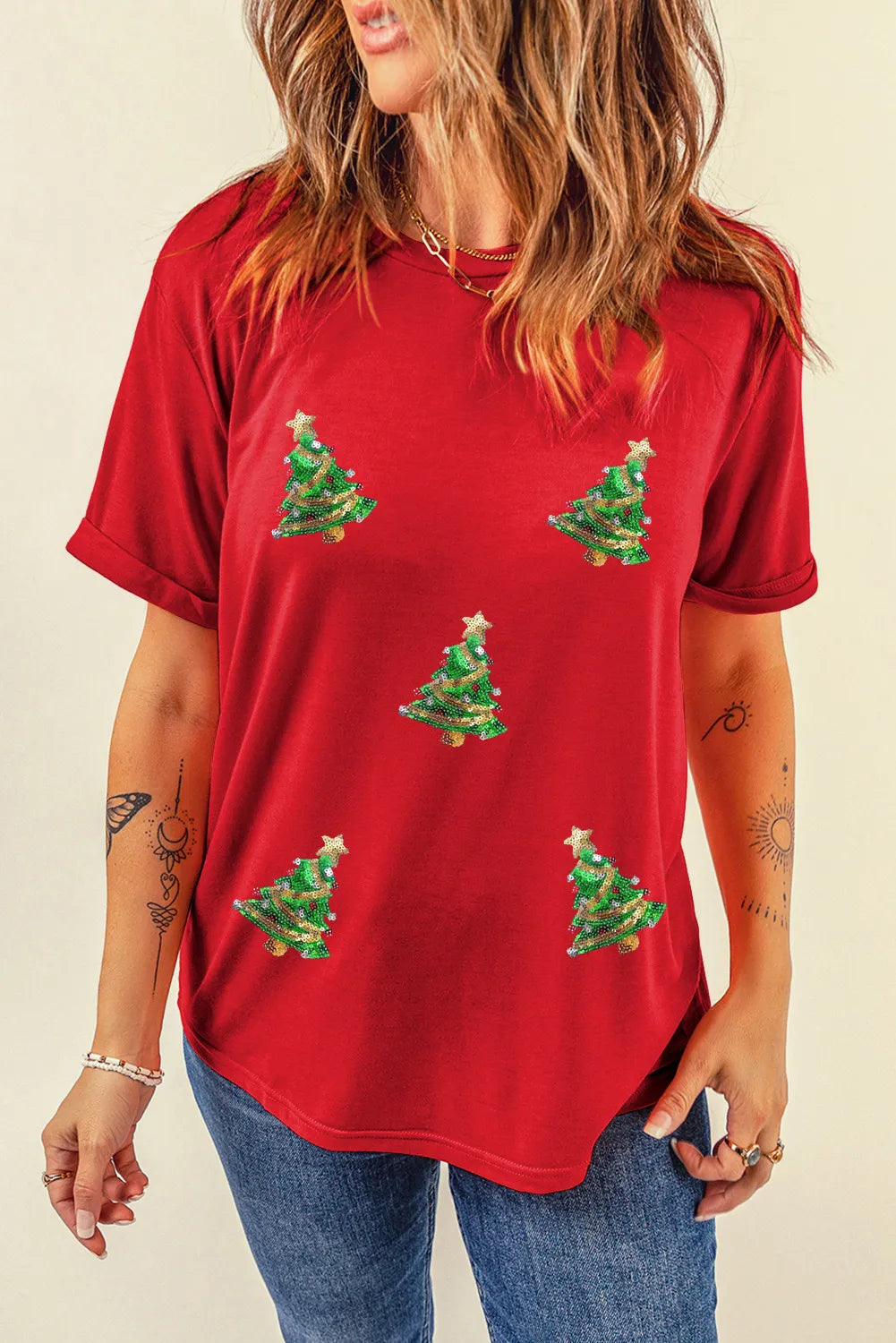 Sequin Christmas Tree Round Neck Short Sleeve T-Shirt Deep Red for a perfect OOTD – dress to impress outfits from Amexza