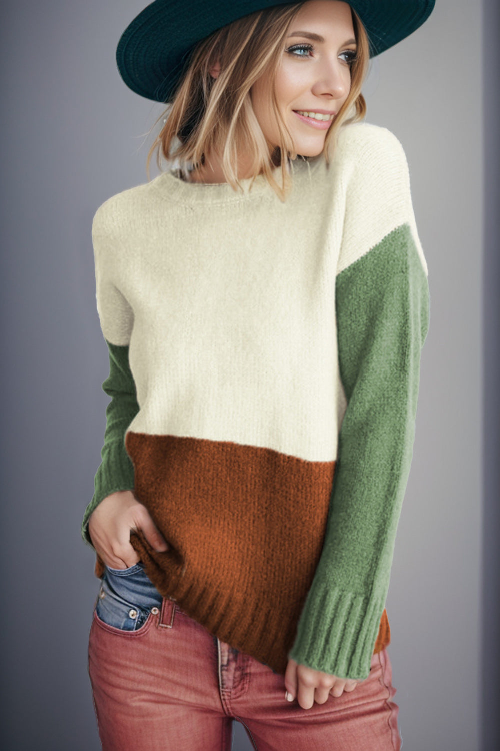 Color Block Round Neck Long Sleeve Sweater