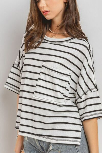 Ces Femme Side Slit Striped Round Neck Half Sleeve T-Shirt for a perfect OOTD – dress to impress outfits from Amexza