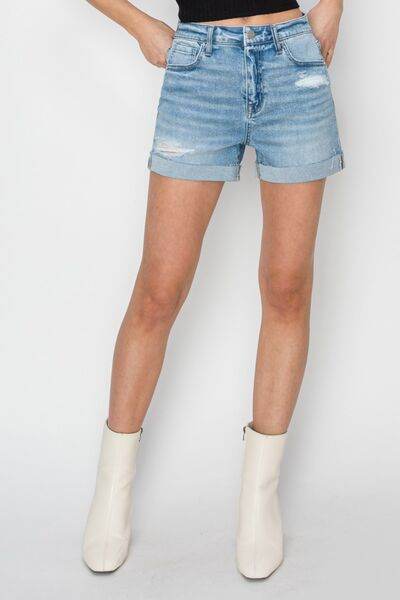 RISEN Distressed Mid-Rise Waist Denim Shorts Light for a perfect OOTD – dress to impress outfits from Amexza