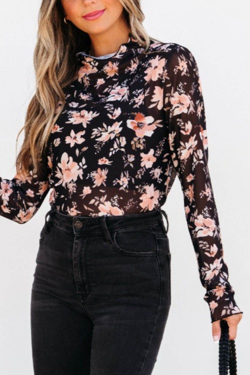 Floral Mock Neck Long Sleeve Blouse for a perfect OOTD – dress to impress outfits from Amexza