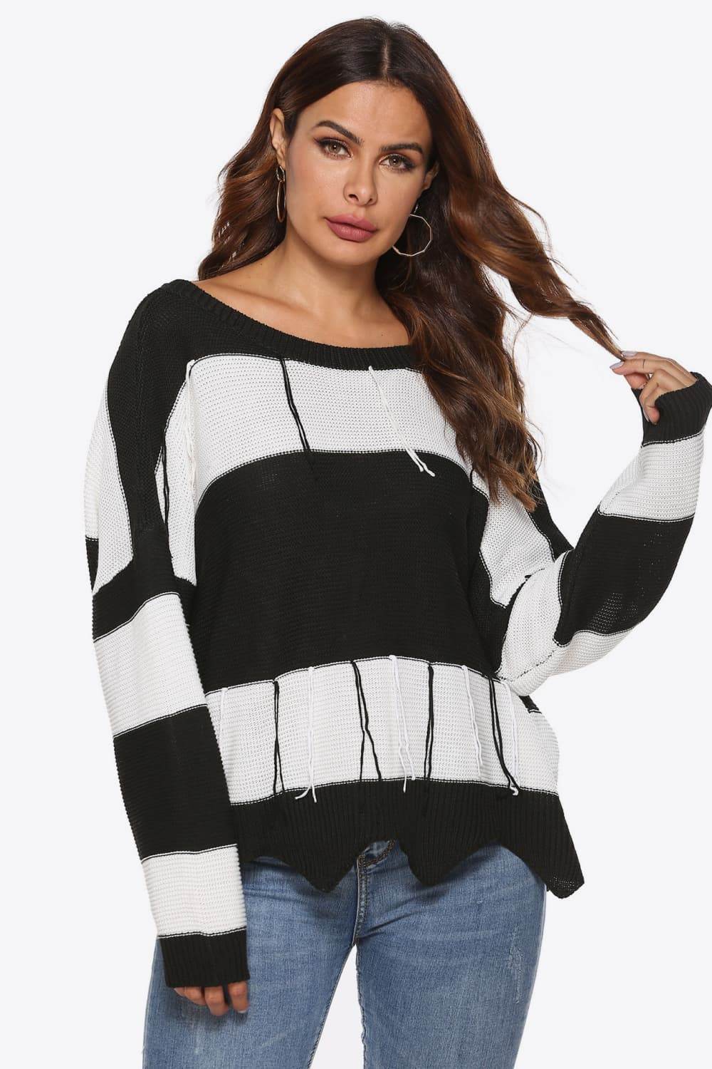 Color Block Backless Long Sleeve Sweater Stripe One Size for a perfect OOTD – dress to impress outfits from Amexza