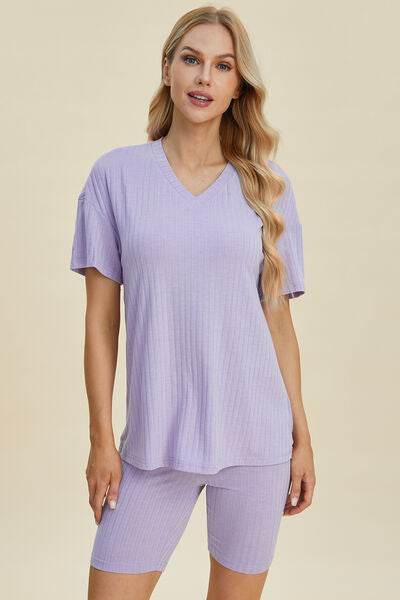 Basic Bae Full Size Ribbed V-Neck Short Sleeve Top and Shorts Set Lavender for a perfect OOTD – dress to impress outfits from Amexza