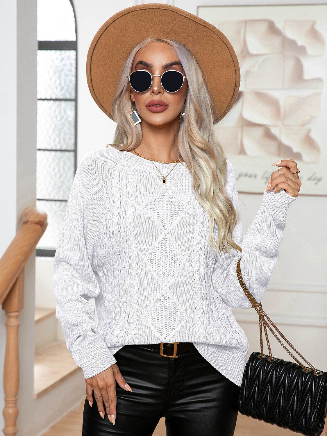 Cable-Knit Long Sleeve Sweater - Amexza