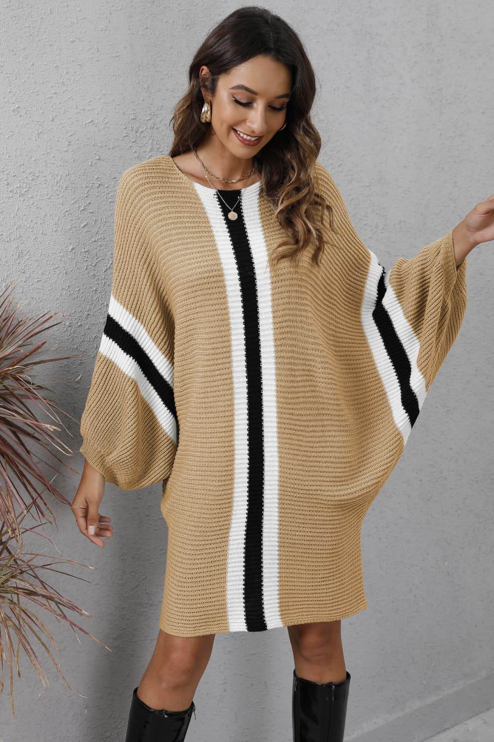 Ribbed Round Neck Long Sleeve Sweater Dress for a perfect OOTD – dress to impress outfits from Amexza