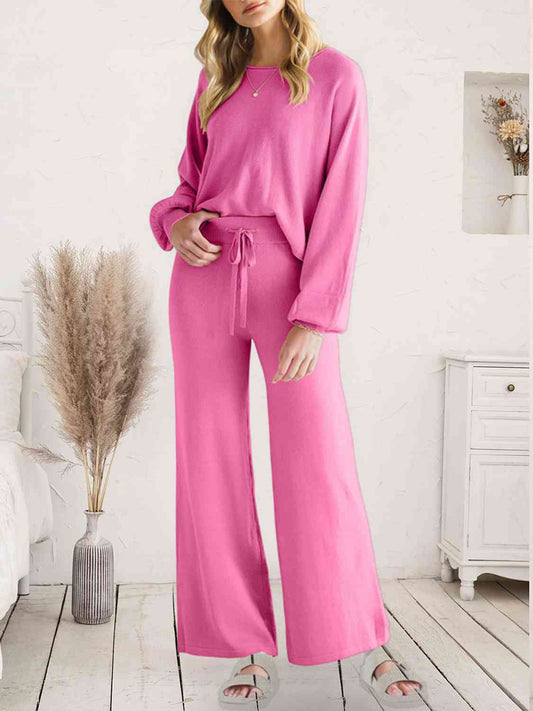 Long Sleeve Lounge Top and Drawstring Pants Set Pink for a perfect OOTD – dress to impress outfits from Amexza