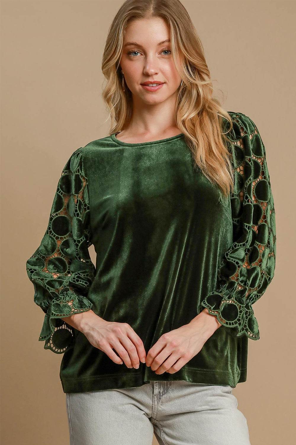 Umgee Polka Dot Lace Long Sleeve Round Neck Blouse Olive for a perfect OOTD – dress to impress outfits from Amexza