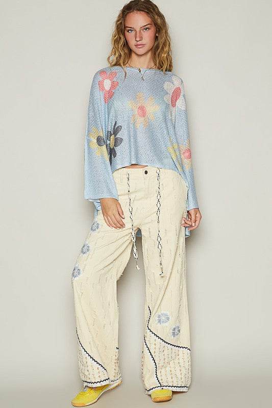 POL Flower Dropped Shoulder Long Sleeve Knit Top - Amexza