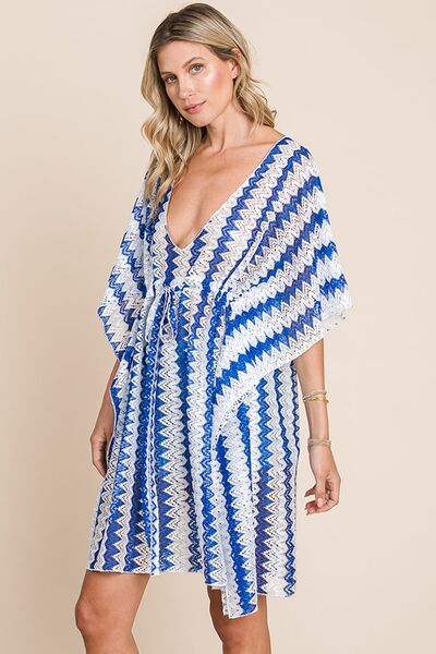 Cotton Bleu by Nu Lab Tied Striped Plunge Half Sleeve Cover-Up for a perfect OOTD – dress to impress outfits from Amexza