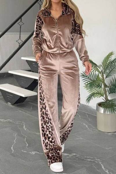 Full Size Collared Neck Leopard Zip Up Top and Pants Set Plus Size Camel for a perfect OOTD – dress to impress outfits from Amexza