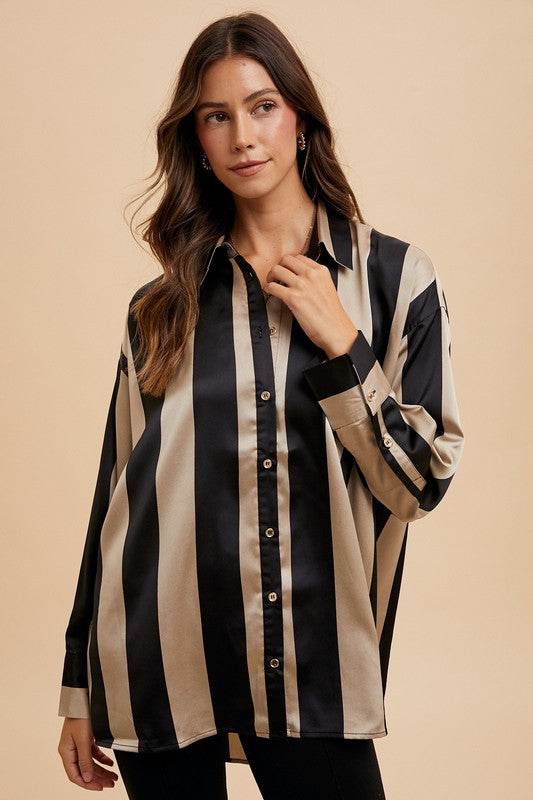 Annie Wear Striped Dropped Shoulder Button Up Shirt Black Khaki for a perfect OOTD – dress to impress outfits from Amexza